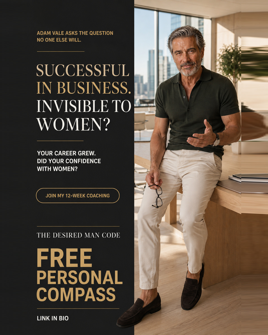Portrait from the Adam Vale brand campaign: a man in a dark polo in a bright, modern office