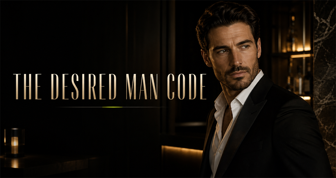 The Desired Man Code: a man in a dark suit in a warmly lit lounge